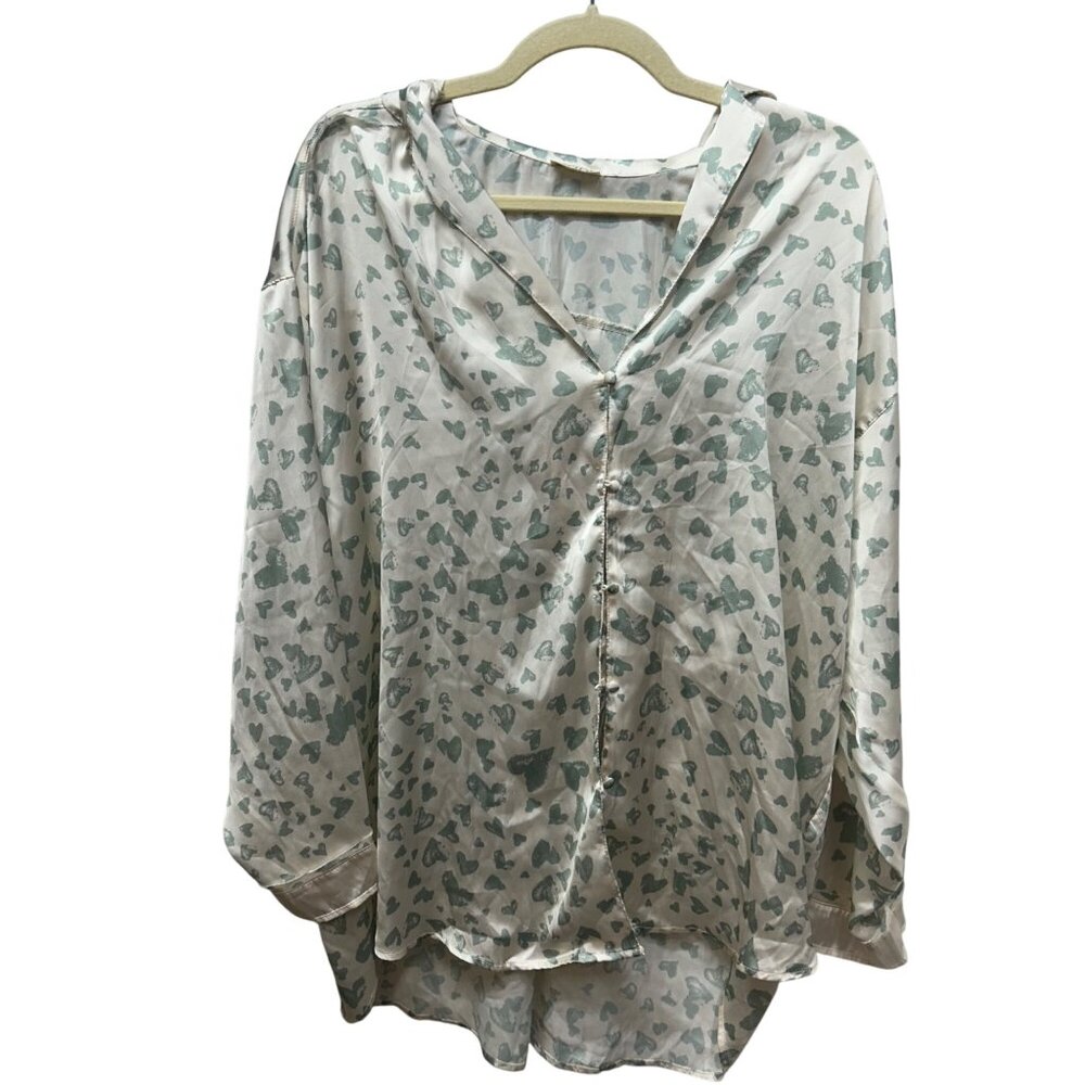 Intimately Free People Heart Print White & Green Button-Up Blouse With Long Slee